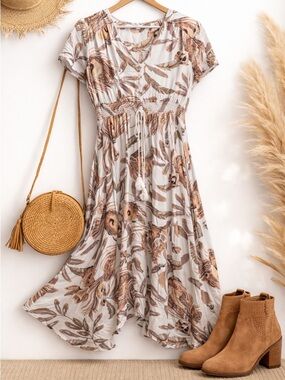 Boho Button Down Midi Dress Tassel Tie Waist Flowy Neutral Print L